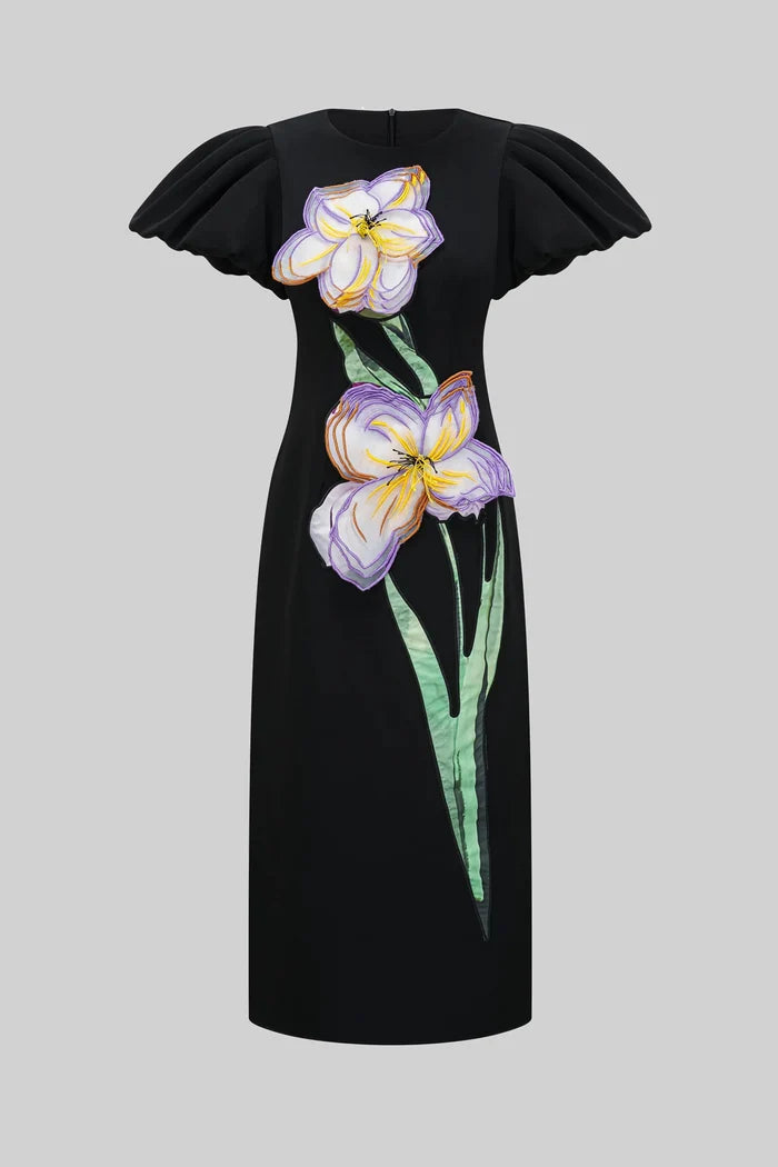 Structured Shoulder Maxi Dress With 3D Iris Floral Appliqué - Black