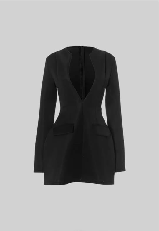 LONG SLEEVED BLAZER DRESS WITH DEEP V-NECKLINE - WHITE