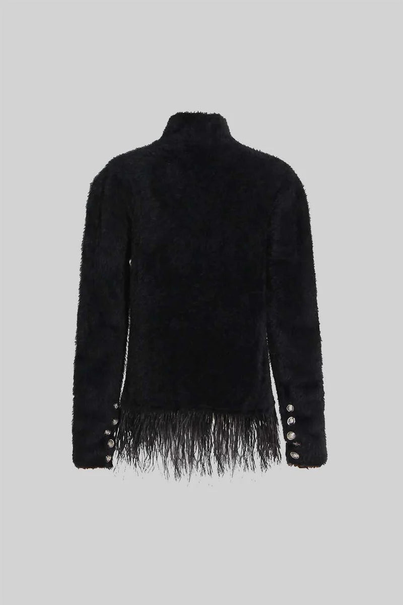 Double Breasted Textured Jacket With Fringed Hem