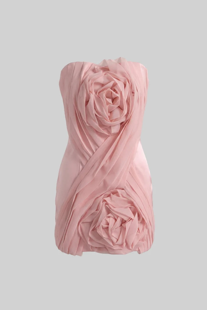 Strapless Mini Dress With Draped Bodice And 3D Rose Appliqués - Blush Pink