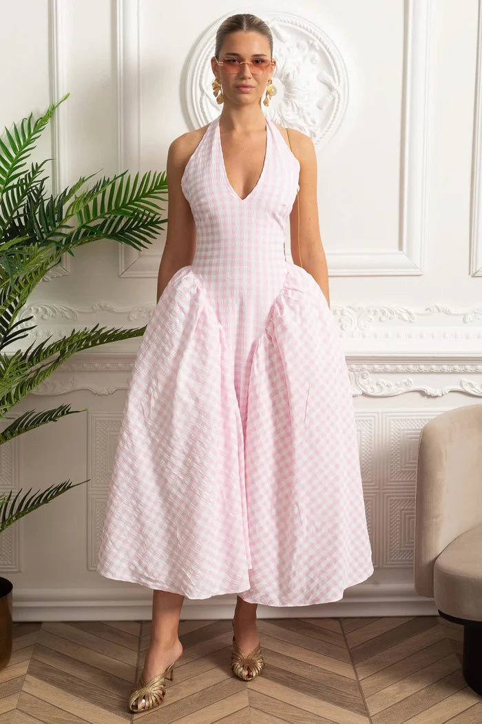 Pastel Checked Halter Dress with Voluminous Skirt - Pink