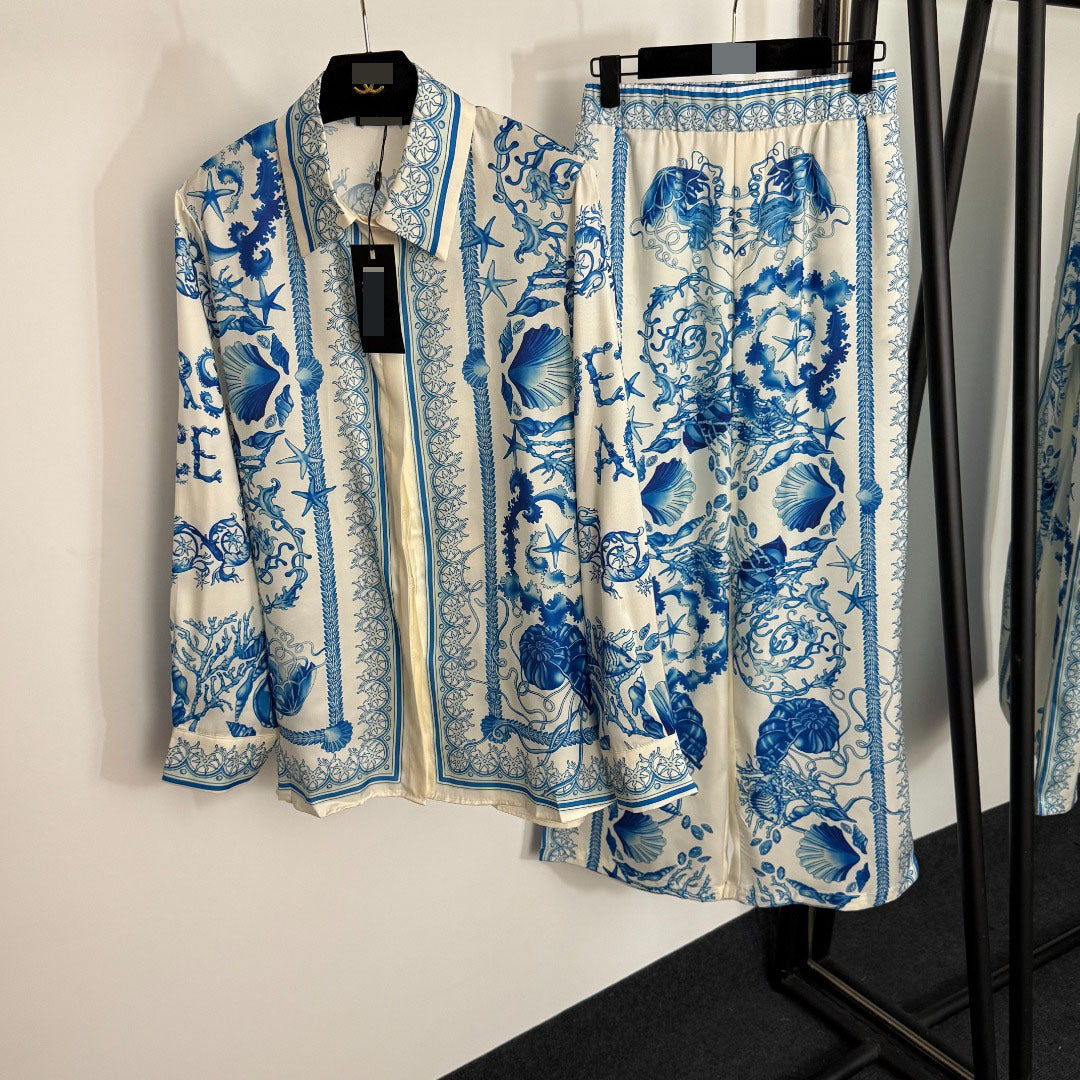 Seafood print long-sleeved shirt + casual wide-leg trousers set