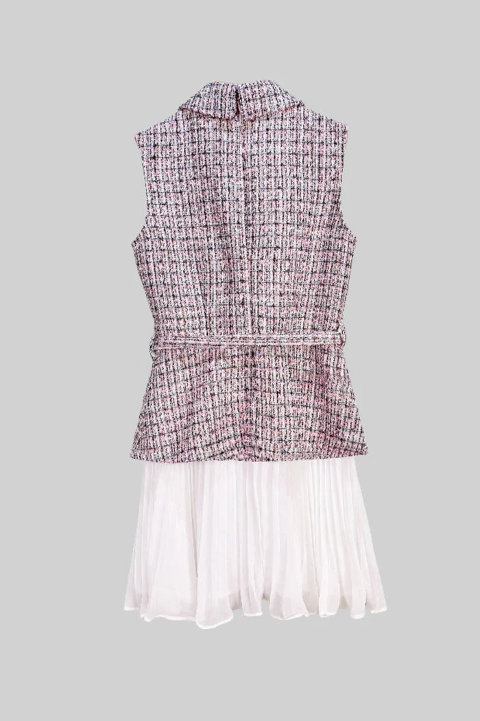 Tweed Vest Dress with Pleated Skirt Detail - Pink/White