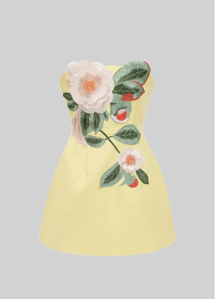 Strapless Mini Dress With 3D Camellia Floral Appliqué - Yellow