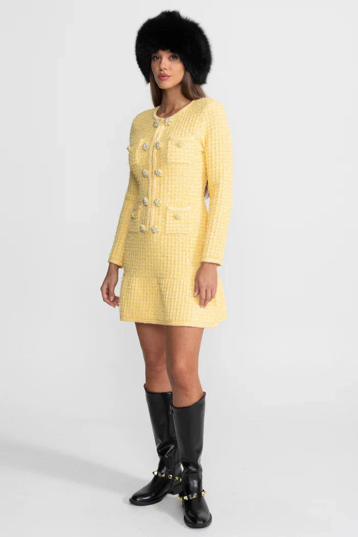 Embellished Tweed Mini Dress With Jewel Buttons – Yellow