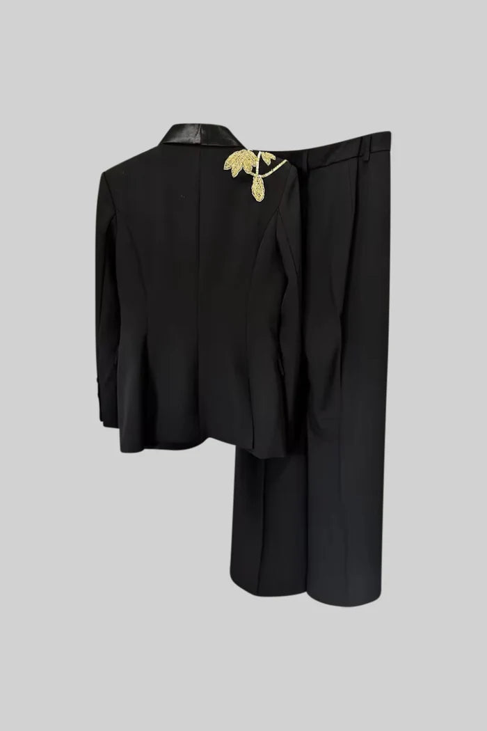 Luxurious Tailored Gilded Leaf Embroidered Blazer & Pants - Black