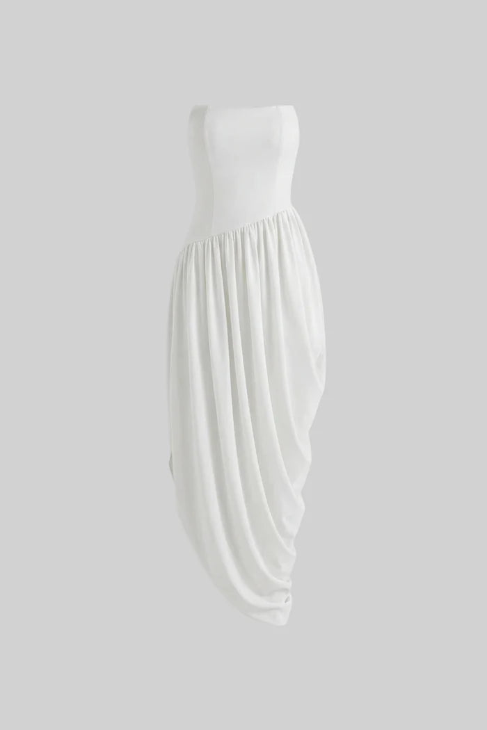 Strapless Maxi Dress With Asymmetric Draped Skirt - White