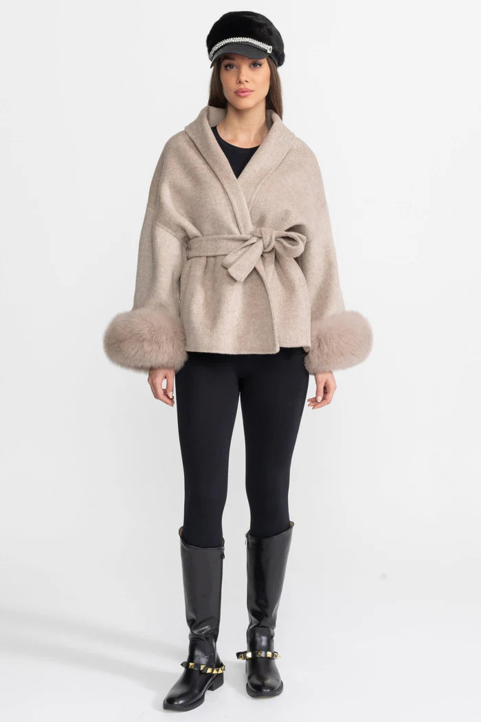 Wool Blend Wrap Jacket with Fox Fur Cuffs – Beige