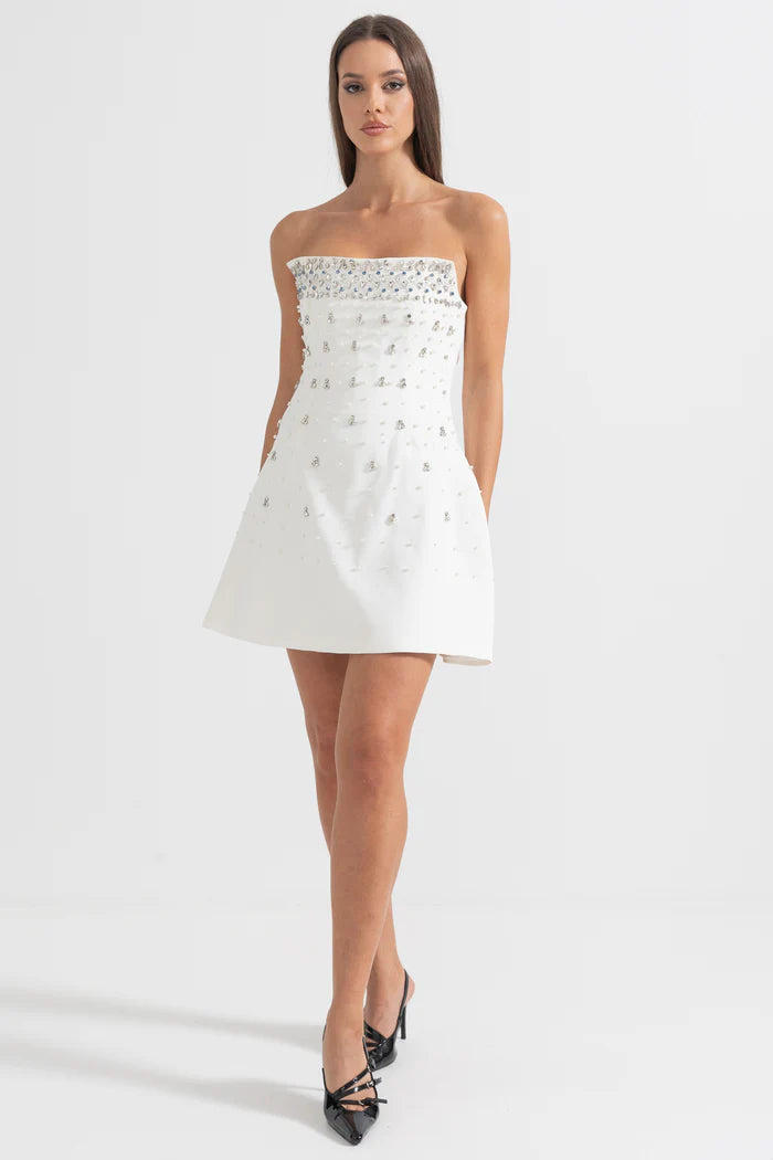 Sleeveless Mini Dress with Crystal Embellishments - White