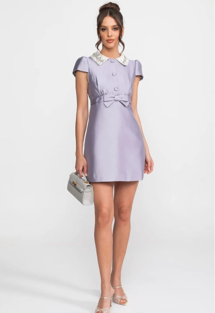 Satin Mini Dress With Crystal Peter Pan Collar And Bow Waist - Lilac