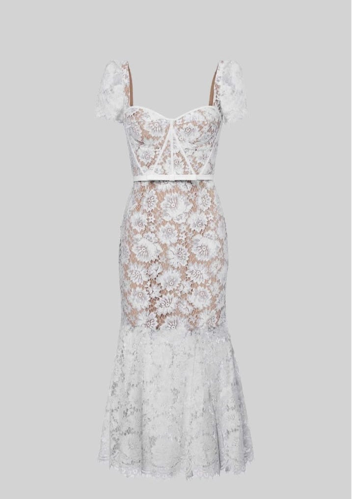 Short Sleeved Lace Dress With Delicate Matching Waist Belt - White