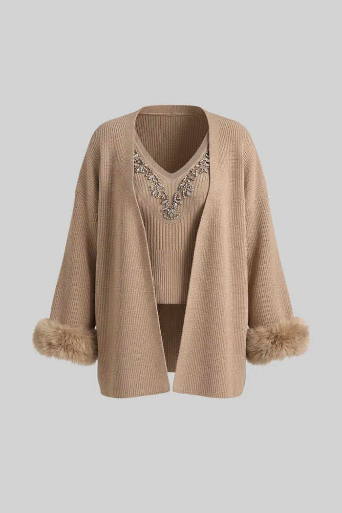 Knit Two Piece Set With Crystal Embellishments And Trim Cuffs - Beige