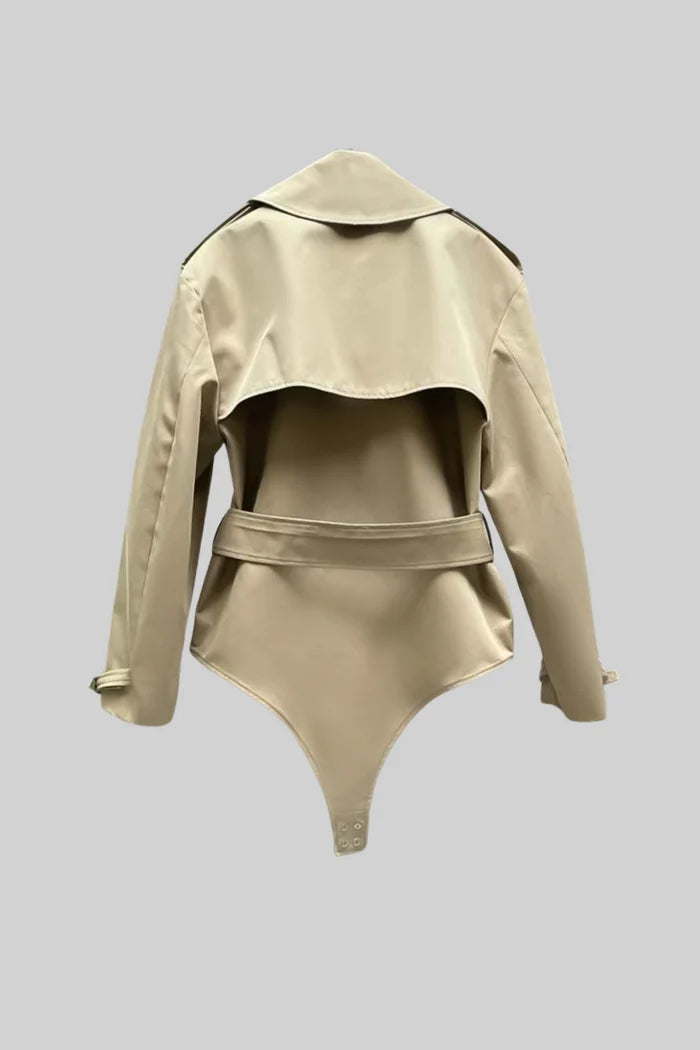 Trench Bodysuit Jacket with Belted Waist and Structured Lapel - Beige