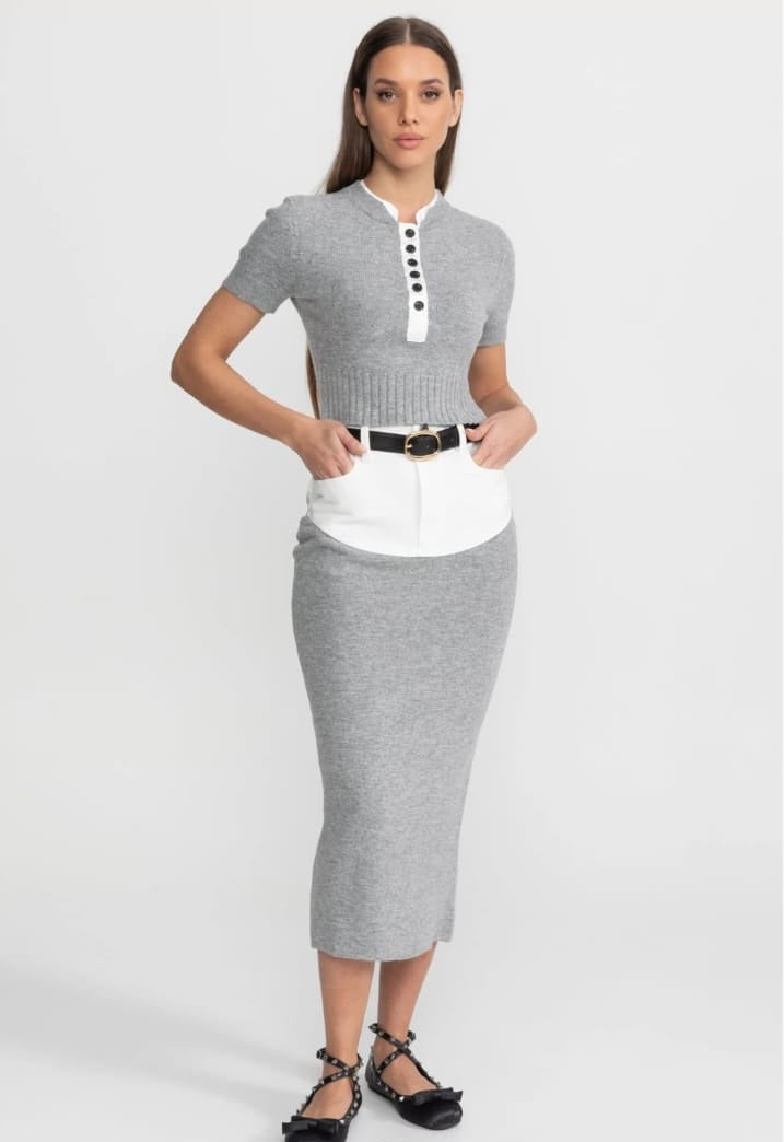 Knit Co-Ord Set with Contrast Shirt Insert Detail – Grey