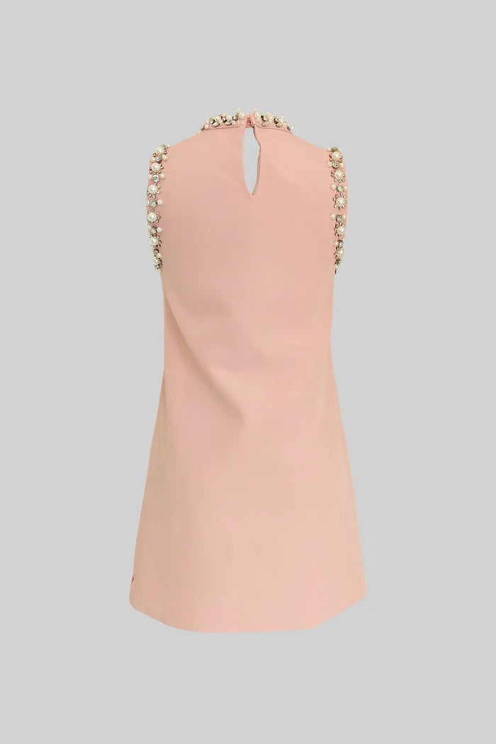 Embellished Sleeveless Mini Dress with High Neckline - Blush Pink