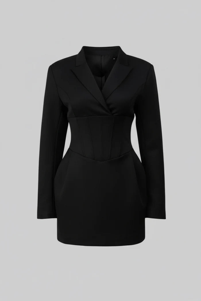 Structured Mini Blazer Dress With Corset Waist – Black