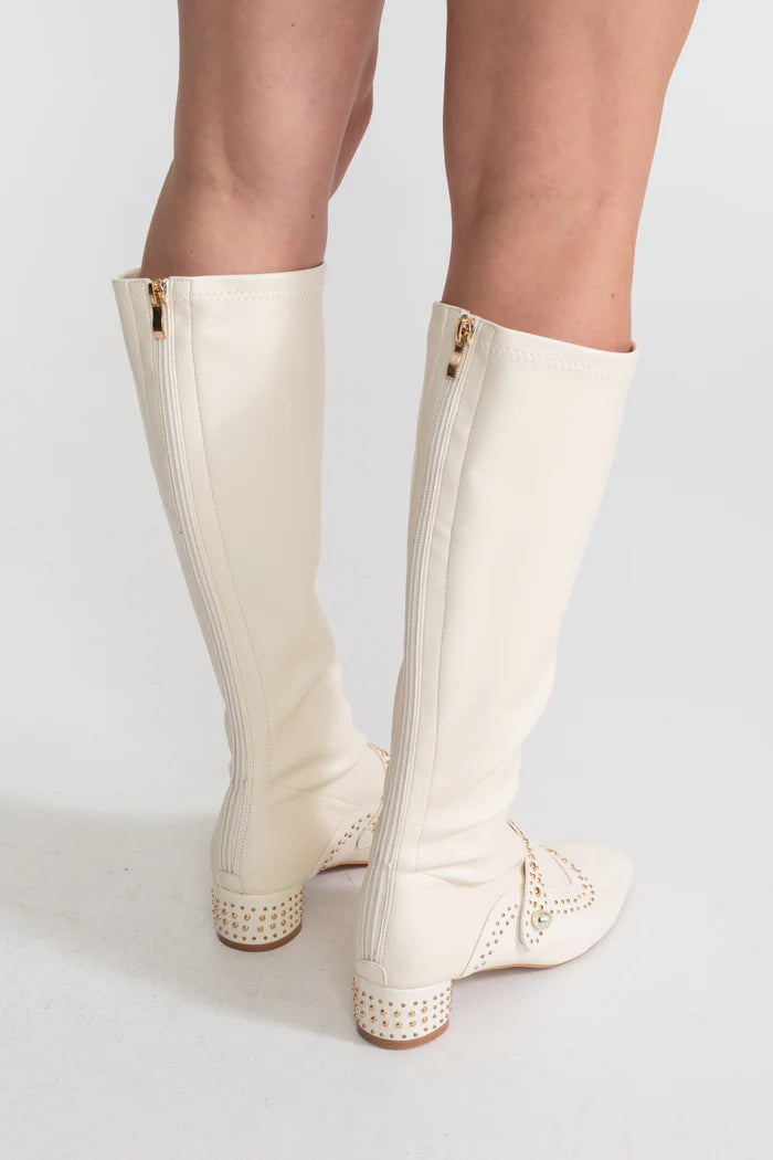 Studded Knee-High Boots With Pearl Strap Detail – Ivoire