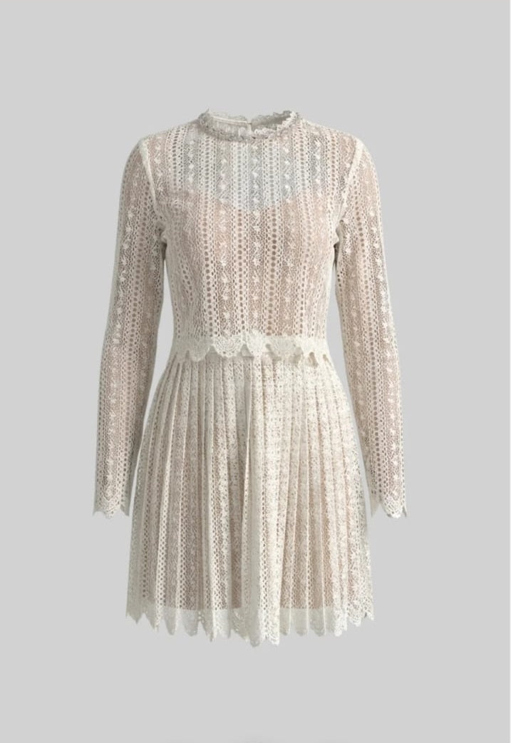 Lace Mini Dress With High Neck And Pleated Skirt - Ivory