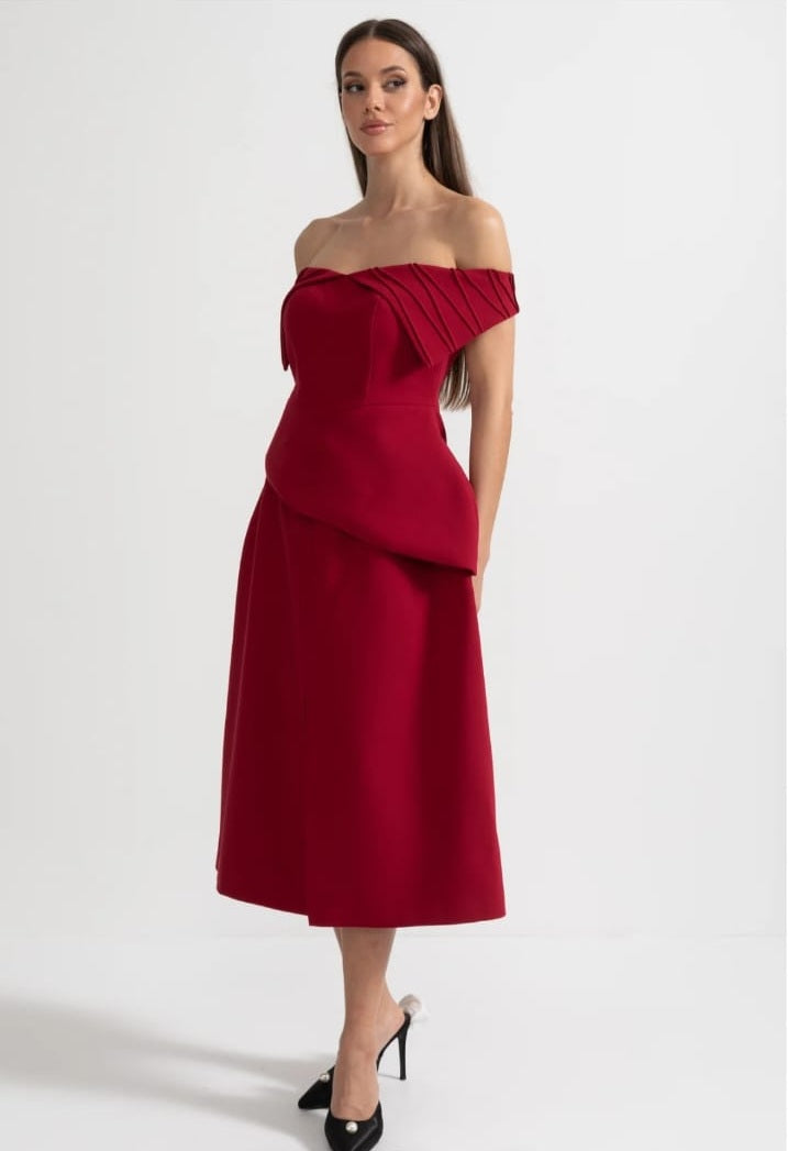 Off-Shoulder Set With Pleated Detail Top And Midi Skirt With Front Slit Accent - Red