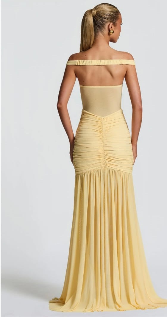 Geneviève Yellow Off Shoulder Ruched Maxi Dress