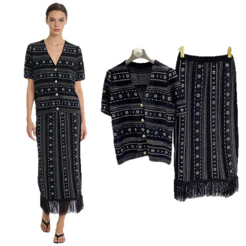V-Neck Cardigan + Long Tassel  Two-Piece Set
