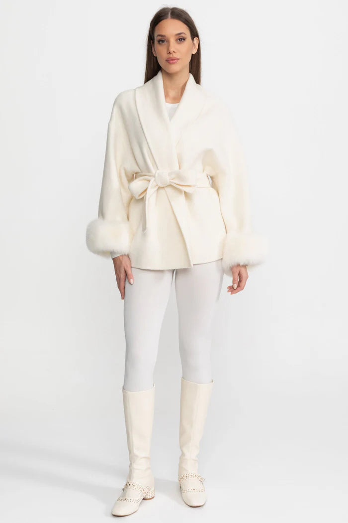 Wool Blend Wrap Jacket with Fox Fur Cuffs - Ivoire