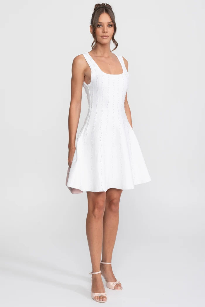 Pearl Beaded Ribbed Mini Dress With Square Neck - White