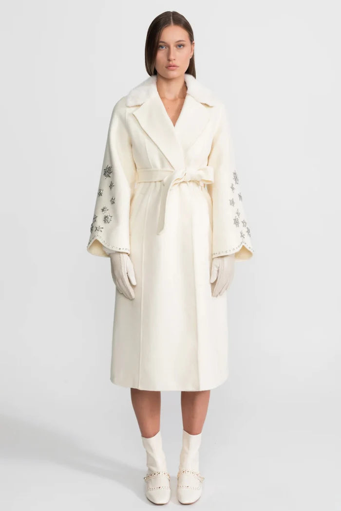 Embellished Wool Overcoat With Fox Fur Collar – Ivoire