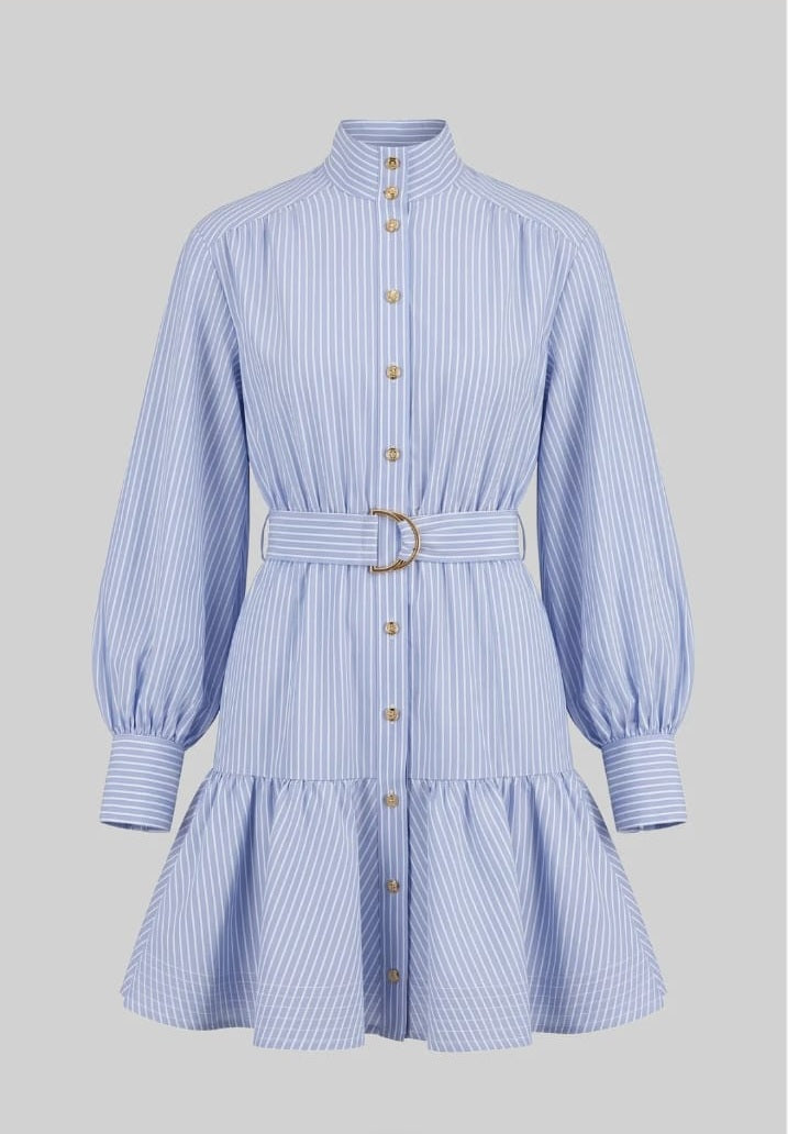 Striped Belted Mini Dress With High Neck And Balloon Sleeves - Blue
