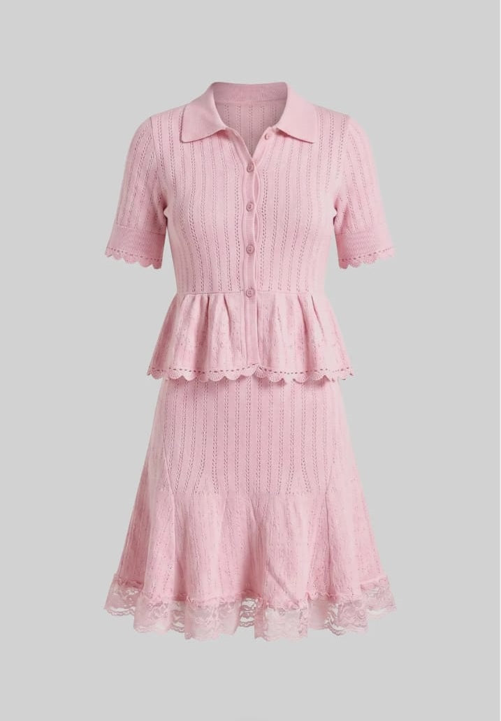 Polo-Collar Mini Dress With Button Top, Peplum Waist And Lace Hem - Pink