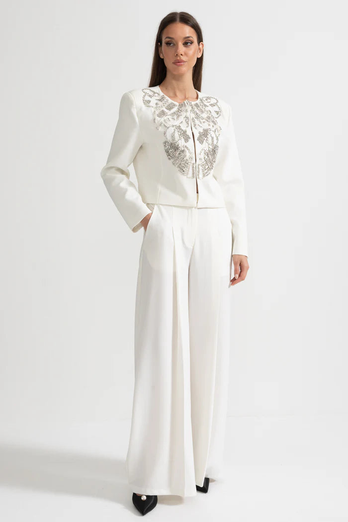 Embellished Jacket and Wide-Leg Trousers Co-Ord Set with Ornate Beadwork - White