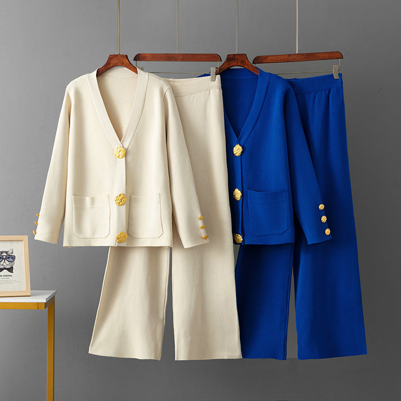 Metal buckle knitted cardigan sweater wide-leg pants set