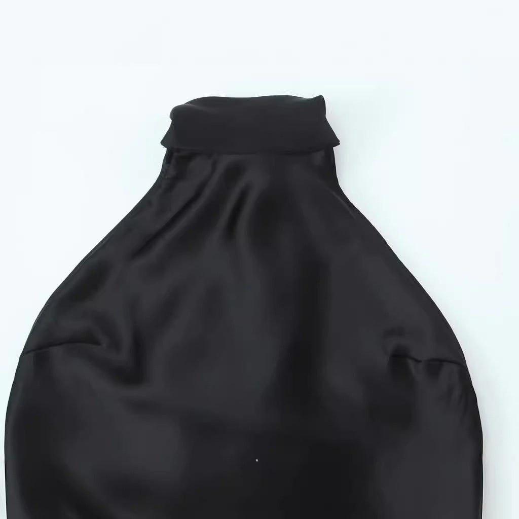 Open back silk satin black dress