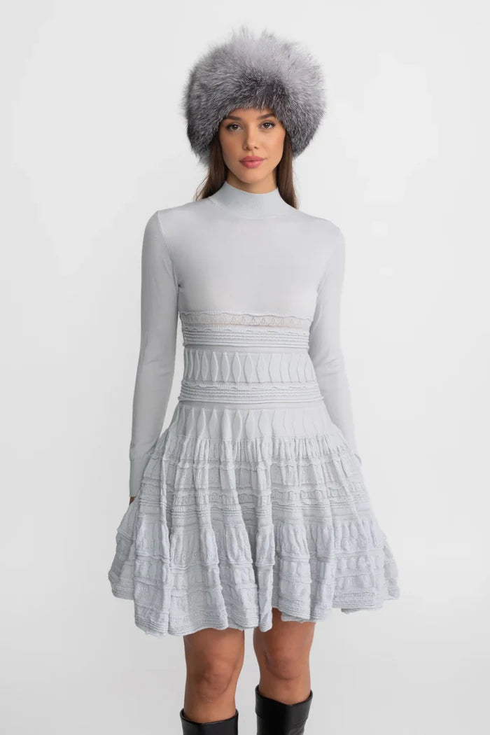 Textured Knit Mini Dress with Flared Skirt - Light Gray