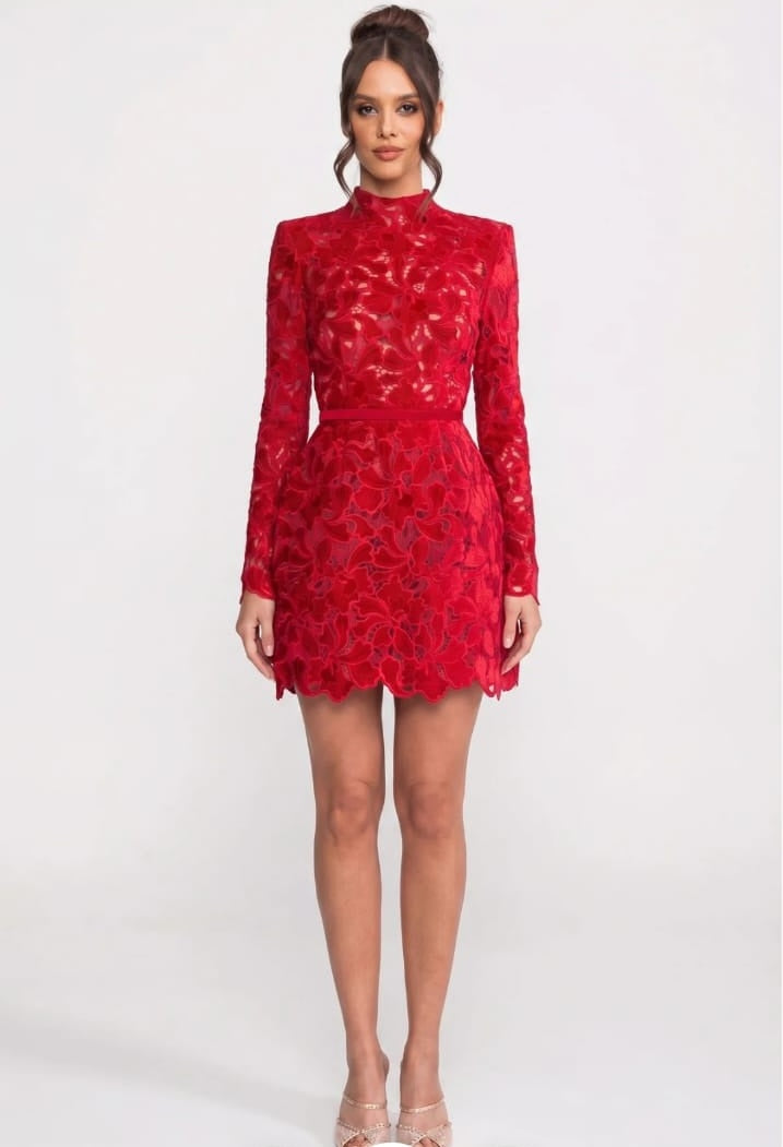 Long-Sleeve Lace Mini Dress With High Neck And Scalloped Hem - Red