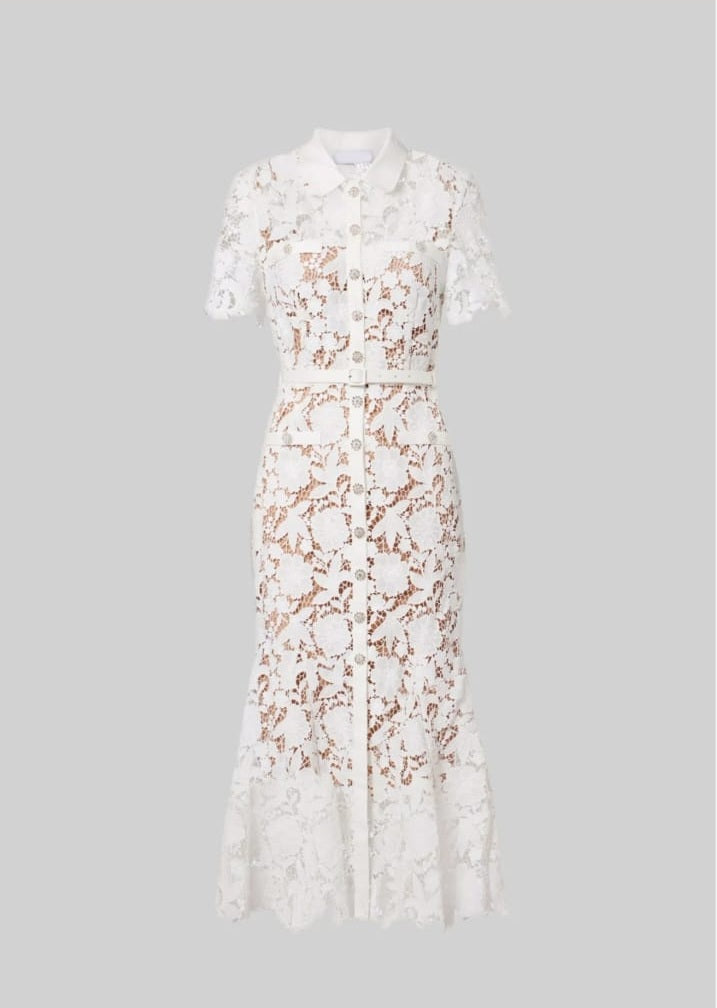 Lace Short Sleeve Midi Dress With Collared Neckline And Belted Waist - White
