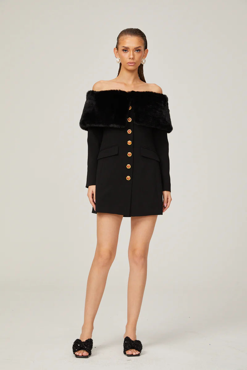 Céline Black Faux-Fur Mini robe à épaules dérangées