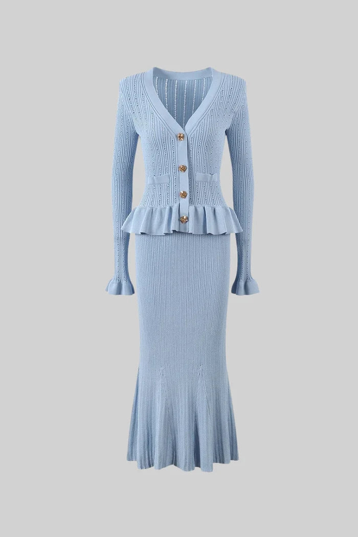 Ruffled Jacket & Flared Skirt Knit Matching Set - Baby Blue