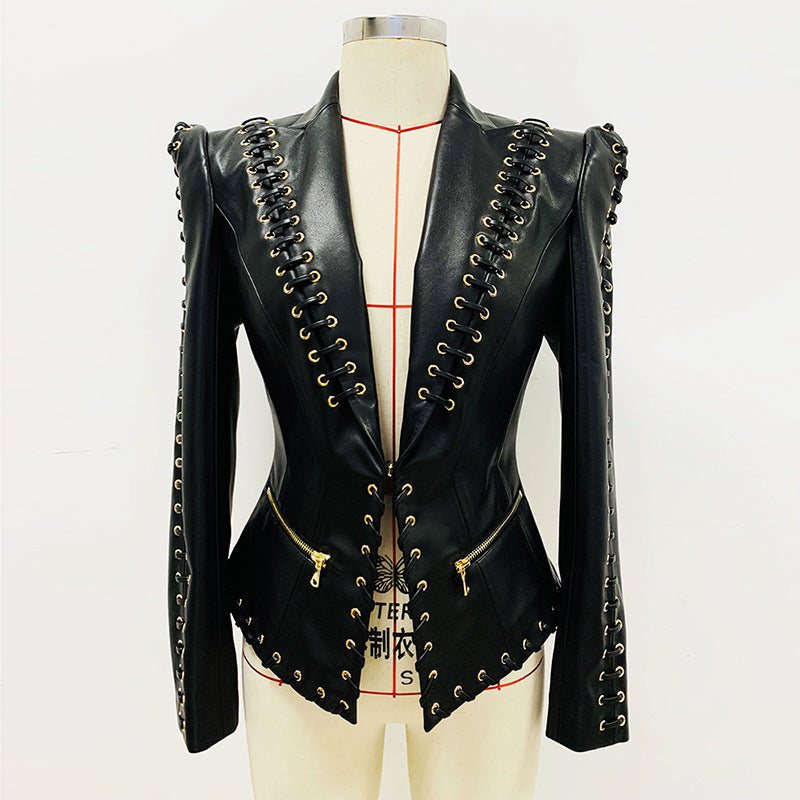 Strap slim leather jacket  and  Skirt