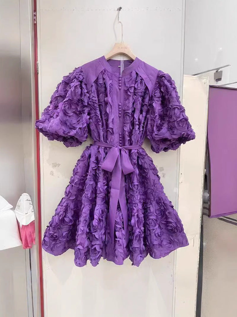 Round neck balloon sleeve short dress