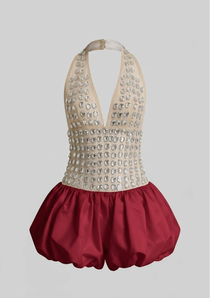 Crystal-Embellished Halter Mini Dress With Bubble Skirt - Red