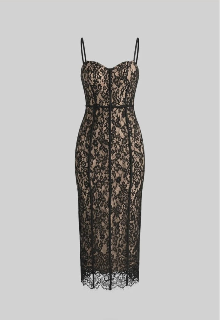 Lace Midi Dress With Sheer Corset Bodice - Black