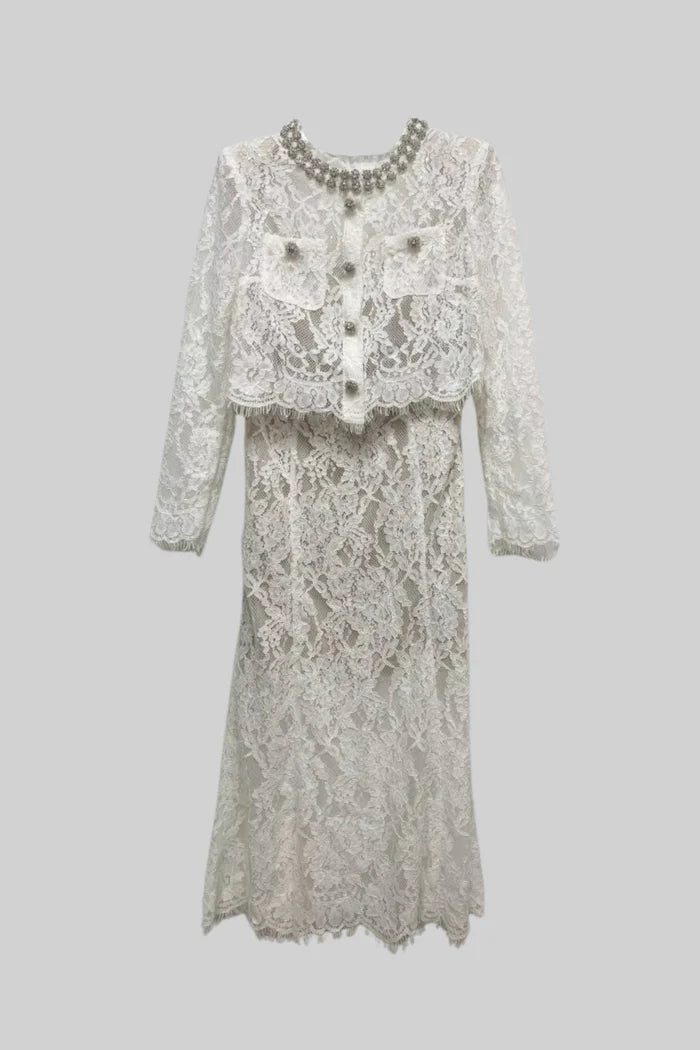 Lace Co-Ord With Sparkling Neckline Embellishments And Midi Skirt - White