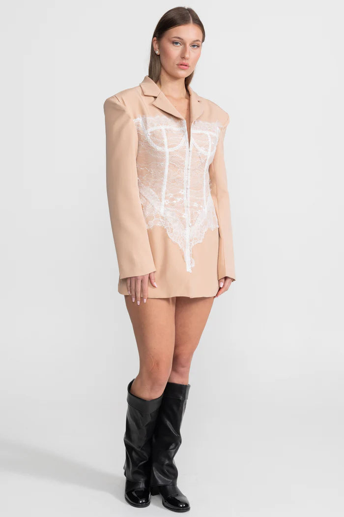 Lace Corset Blazer Dress With Deep V-neckline – Peach