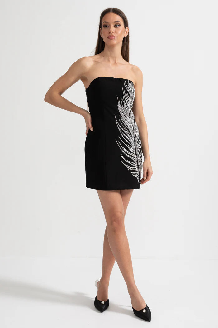 Strapless Mini Dress with Crystal Feather Embellishments - Black