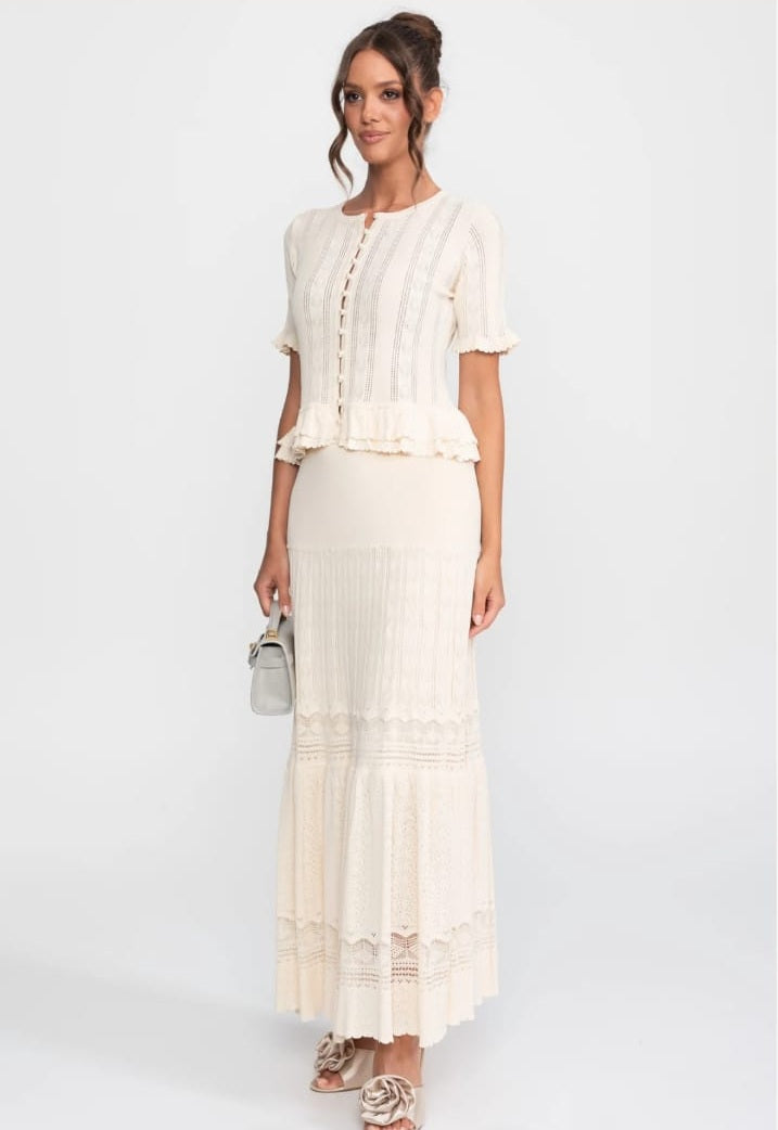 Two-Piece Knit Co-Ord Set With Ruffled Waist - Ivoire