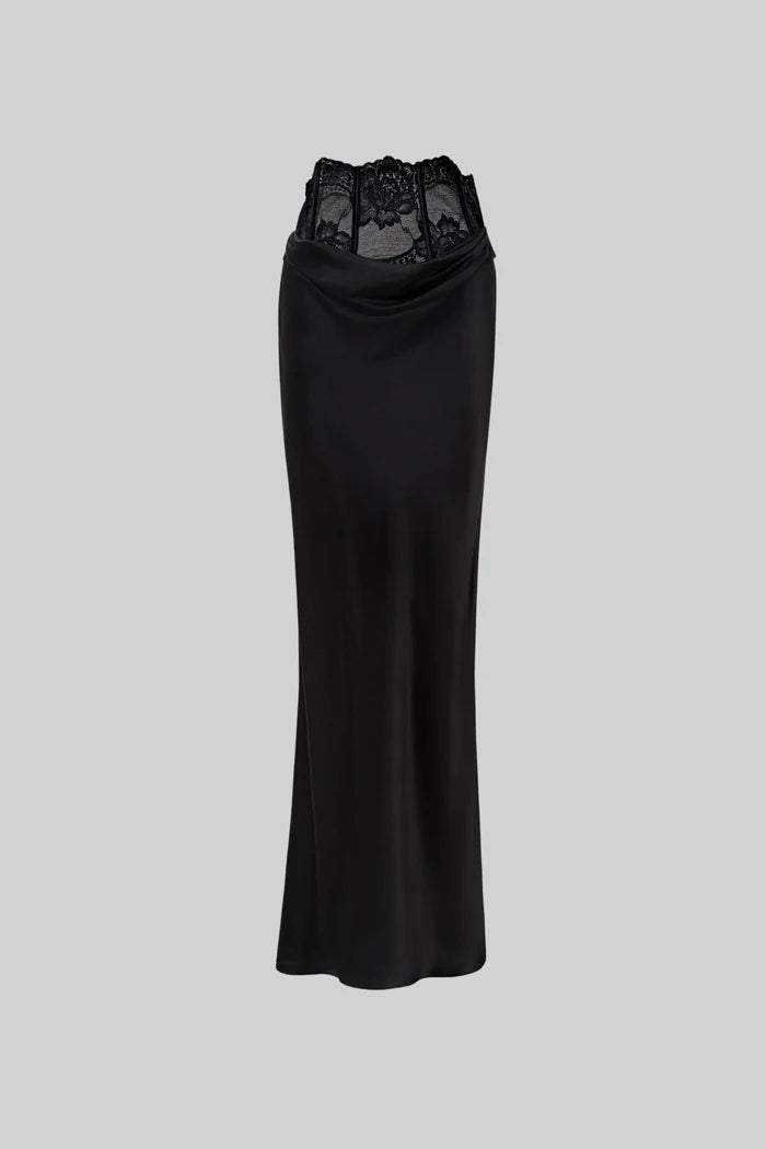Satin Maxi Pencil Skirt with Lace Corset Waist – Black