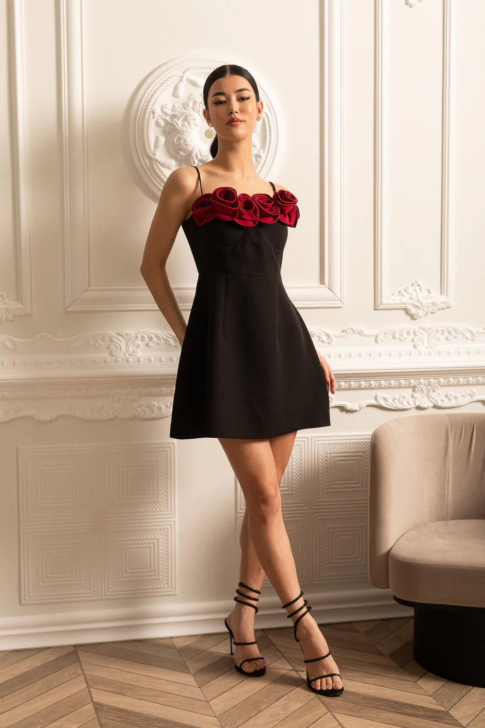 Sleeveless Mini Dress With Flared Skirt And Red Rose Embellishments - Black