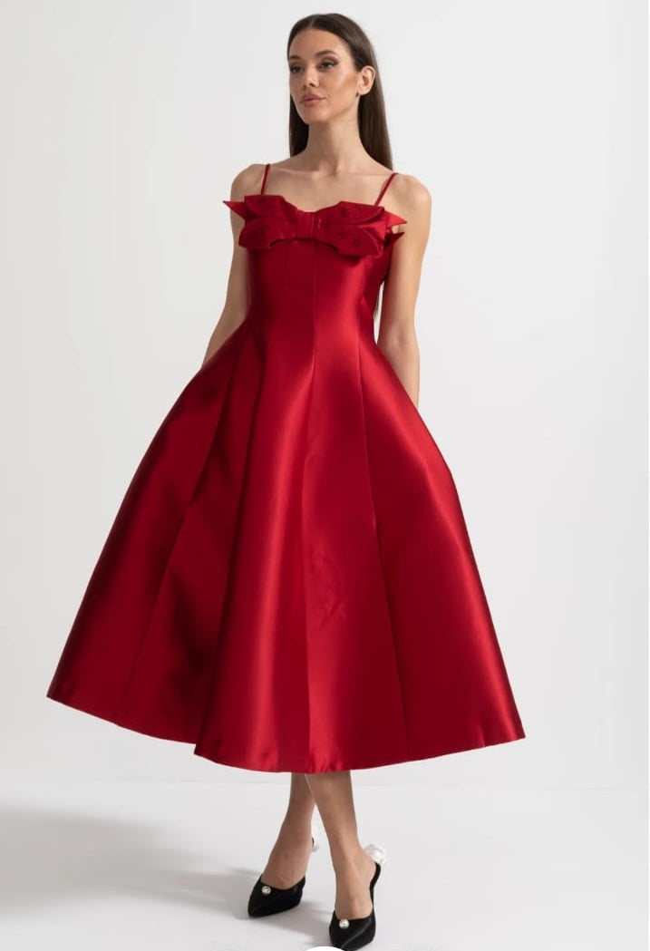 Midi Satin Dress With Fitted Bodice, Delicate Thin Straps And Bow Accent - Red