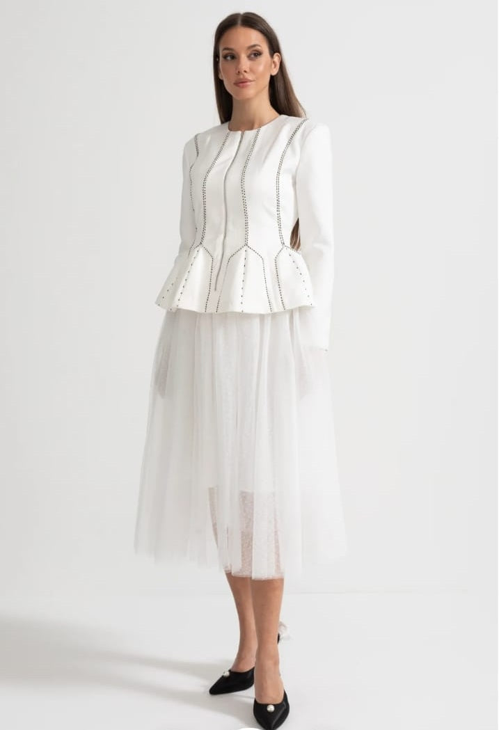 Peplum Jacket and Sheer Tulle Skirt Co-Ord Set with Structured Seams - White
